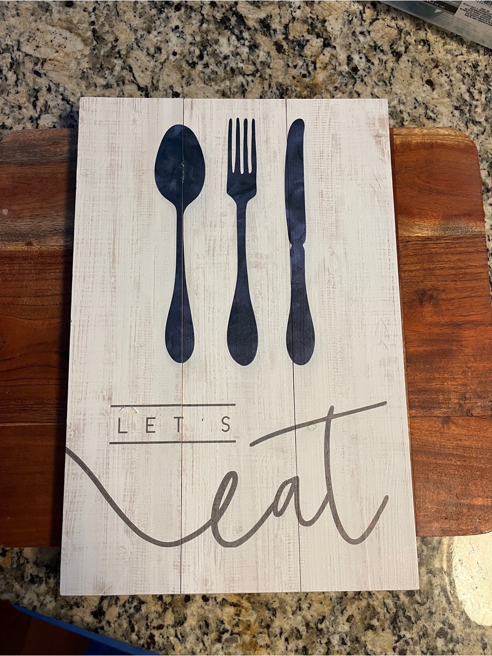 Wood Let's Eat Wall Art Sign - Black and White Wash Wood Kitchen Decor 16” x 10”